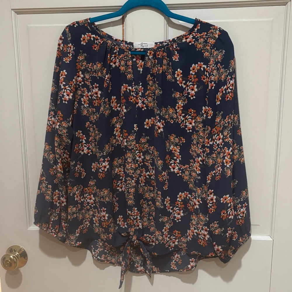 Beacon Dark Blue Floral Blouse with Bright Accents
